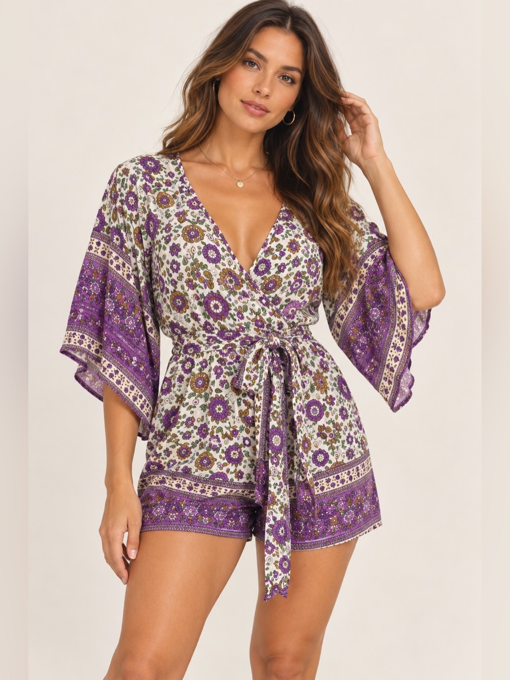 Boho Floral Tie-Front romper - Purple/White